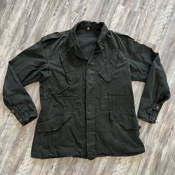 Vintage Black Military Field Jacket Cotton Utility Coat Epaulettes Button Front - Picture 1 of 5